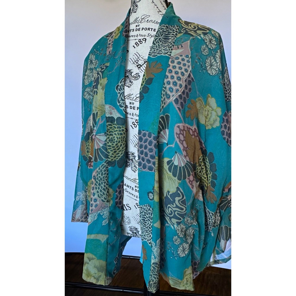 Original Anthony Teal Floral Open Front V-Neck 3/4 Sleeve Cardigan Sweater L
